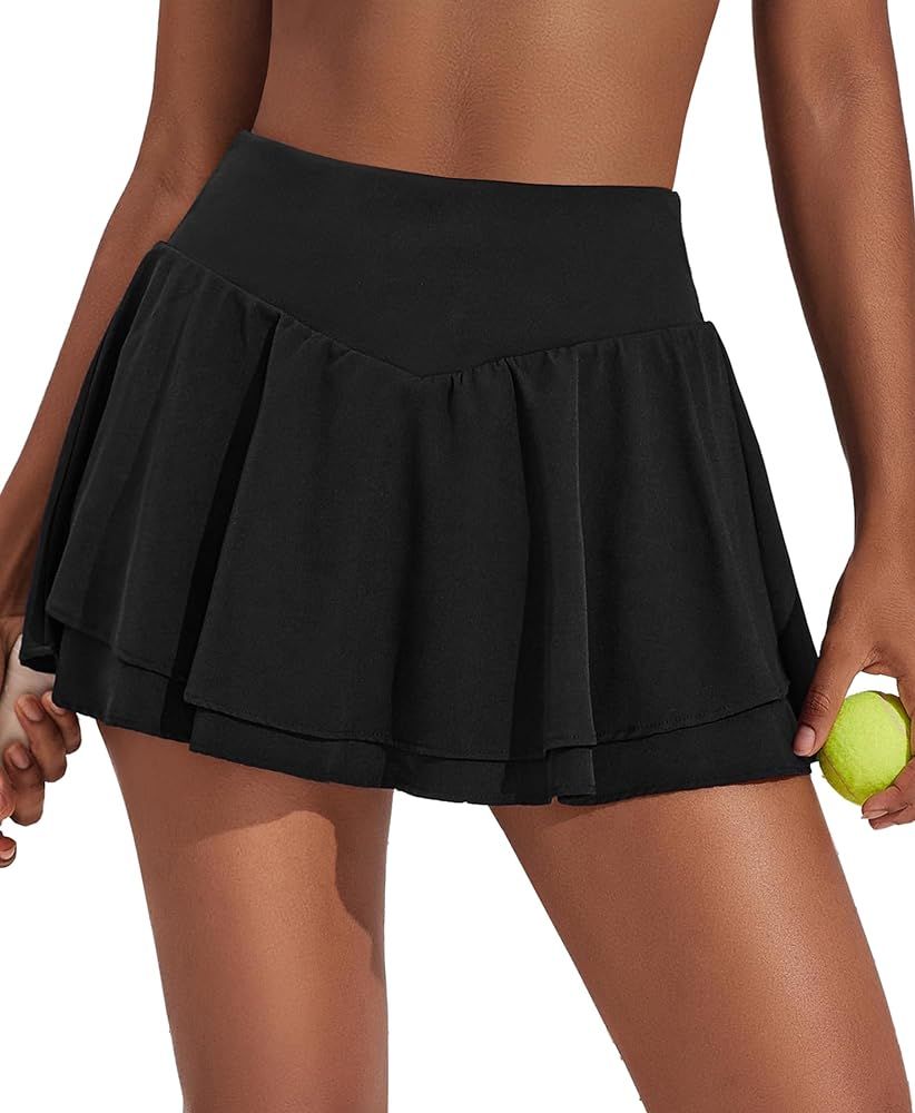 PINSPARK Womens Pleated Tennis Skirt Double Ruffle Golf Skort Tummy Control Athletic Skirts with ... | Amazon (US)