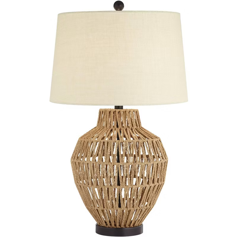 360 Lighting Modern Coastal Table Lamp 27" Tall Natural Wicker Black Metal Oatmeal Drum Shade Liv... | Target