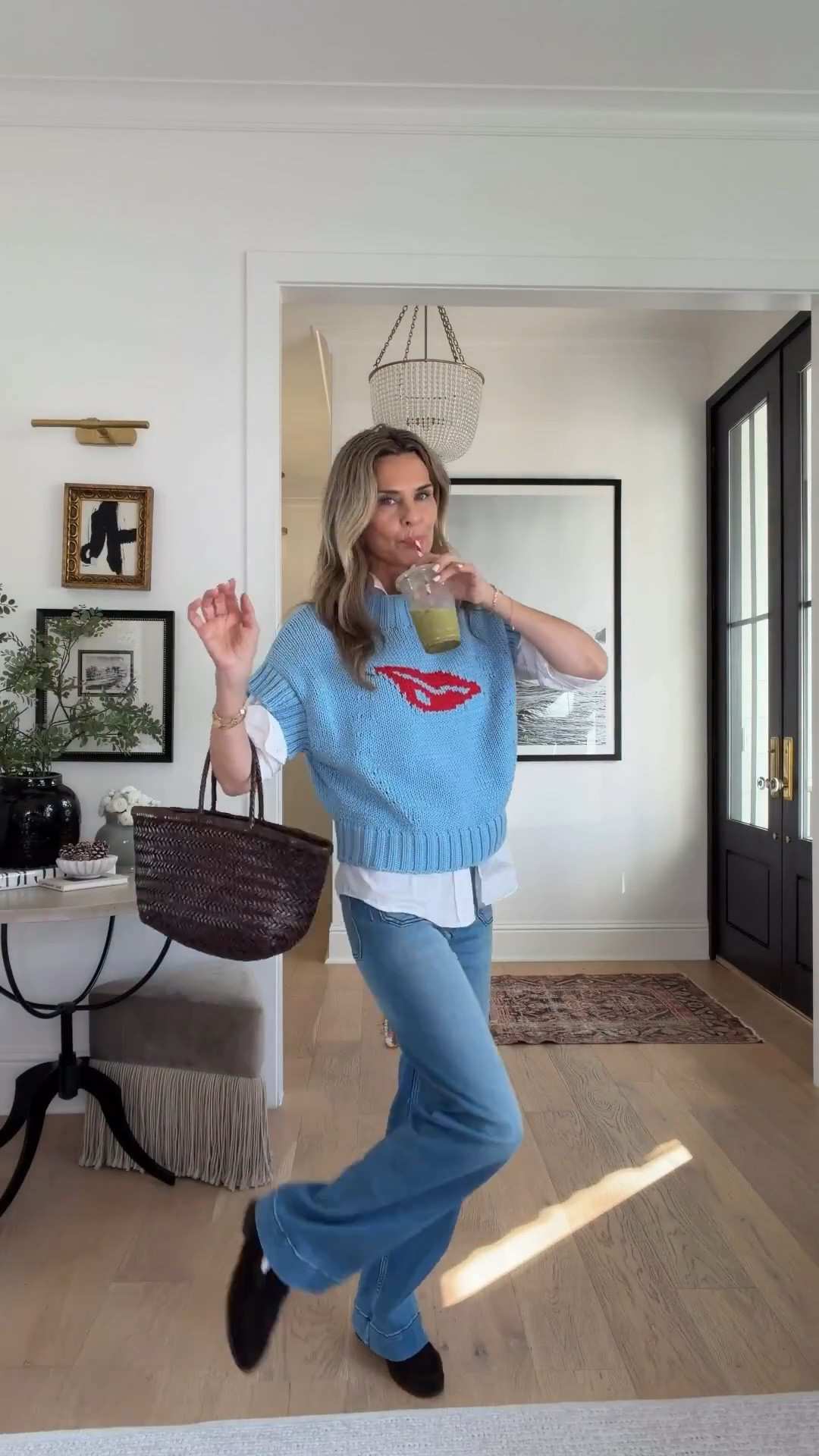 Everyday look-I’ve linked all price points.
-Front pocket jeans TTS, wearing reg length, I 5’6”.
-White button-up sz S
-Fun lips sweater vest.
-Loafers TTS 
-Woven bag