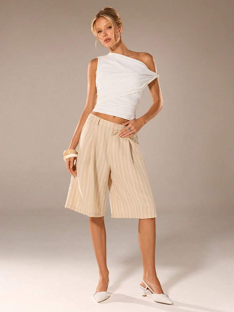 Avantive Khaki Striped Suit Shorts Summer Outfits Holiday Beach City Break Vacation Outfit For Wo... | SHEIN