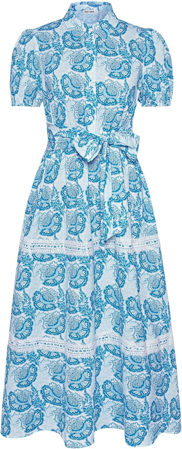 GRACE KARIN Women's 2026 Summer Floral Flowy Dresses Boho Tie Belt Short Puff Sleeve A Line Maxi ... | Amazon (US)