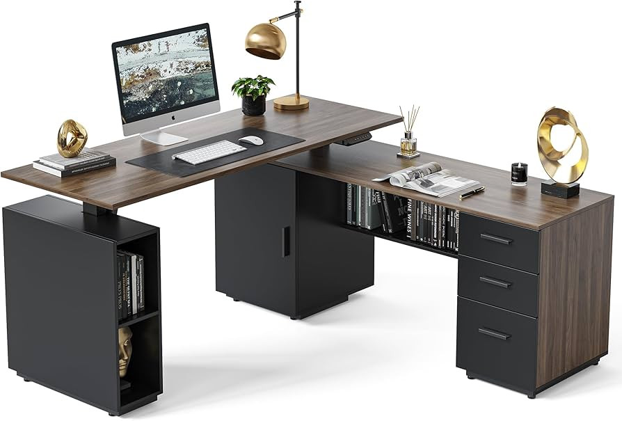 FEZIBO 63" L Shaped Standing Desk with Storage, Executive Height Adjustable Table, Deep Wood Grai... | Amazon (US)
