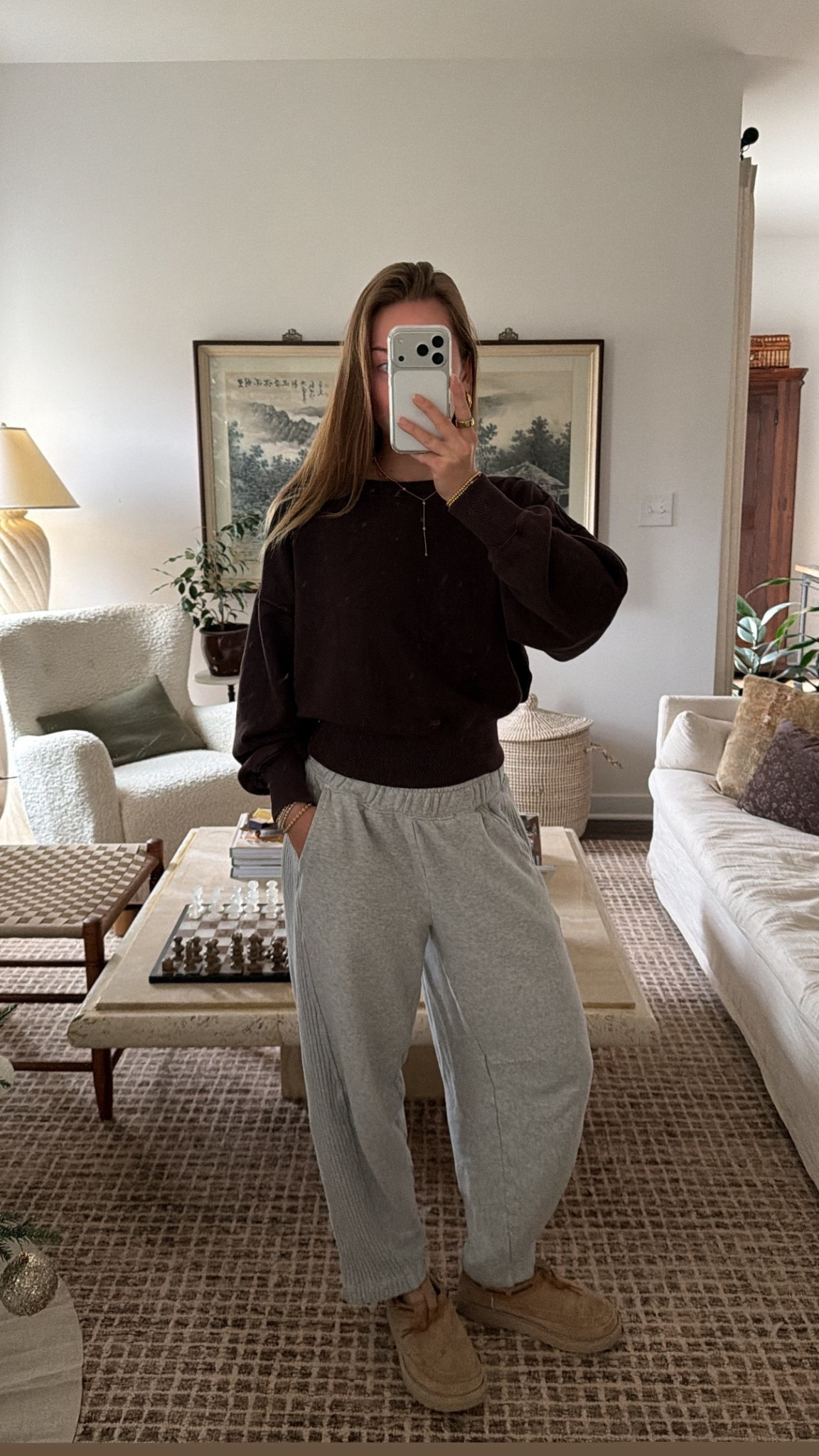 12/5/25 my cozy morning loungewear look — wearing my Aerie grey barrel sweatpants with the soft brown off-the-shoulder sweatshirt. The comfiest, easiest winter combo for slow mornings at home. 

#LTKootd #LTKmorningroutine