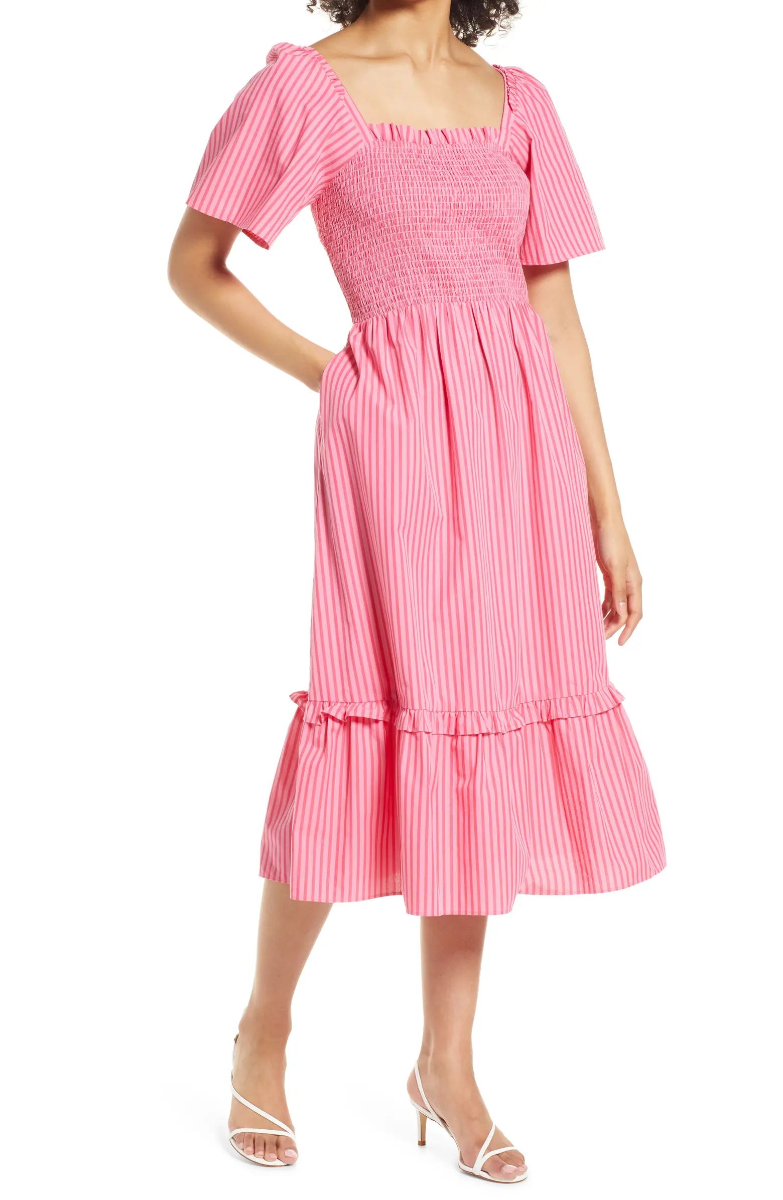 Deana Smocked Stripe Poplin Midi Dress | Nordstrom