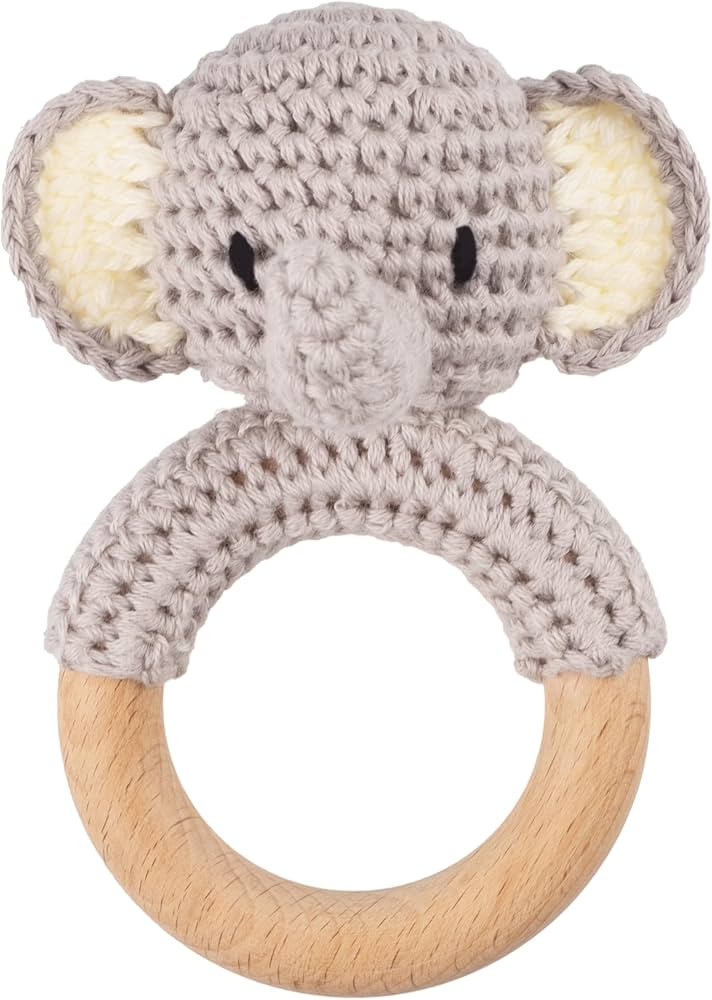 Joliecraft Safari Animals Wooden Baby Rattle Toys Stuffed Crochet Rattle with Teether Ring for Ne... | Amazon (US)