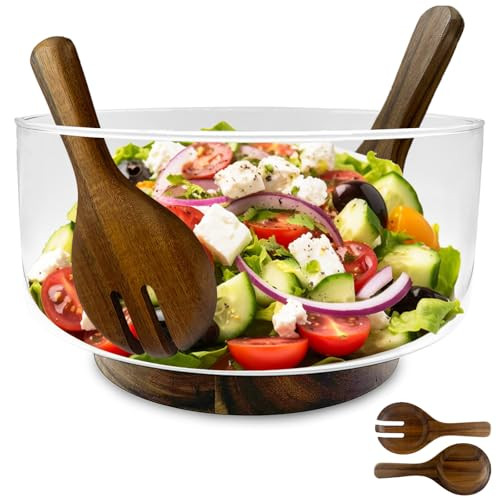 Premium Large Glass Salad Bowl Set with Acacia Wood Base and Serving Utensils - Ideal for Hosting Parties, Host Family Gatherings, and Everyday Use - Elegant, Durable, and Practical Kitchen Essential | Amazon (US)