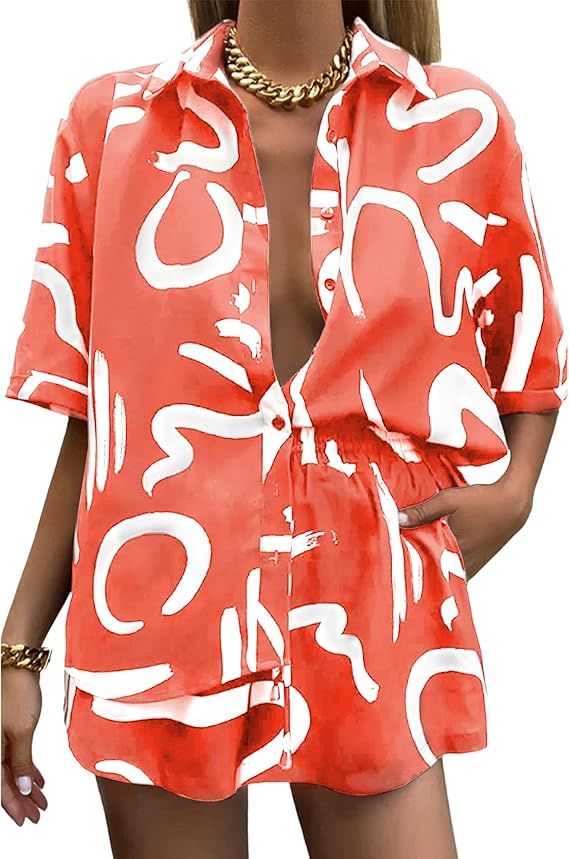 Women's 2 Piece Outfit Sets Summer Beach Casual Printed Shirts and Shorts Lounge Sets | Amazon (US)