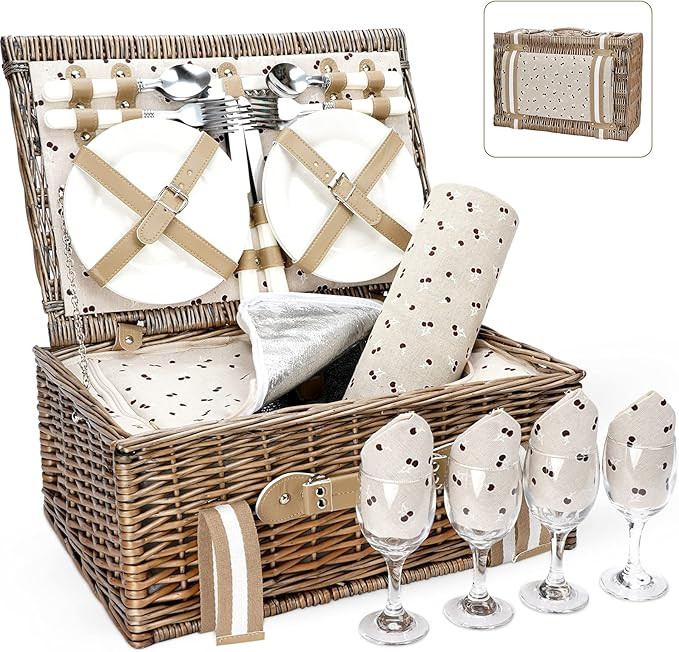 Willow Picnic Basket Set for 4 Persons with Large Insulated Cooler Bag and Waterproof Picnic Blan... | Amazon (US)