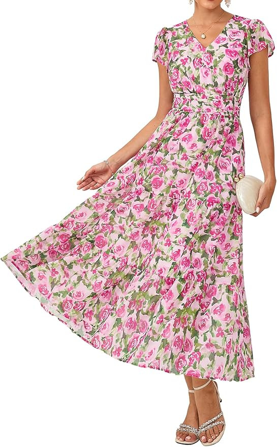 2026 Women Summer Dress,Maxi Short Sleeve Floral Dresses,Semi Formal Flowy Wedding Guest Dress wi... | Amazon (US)