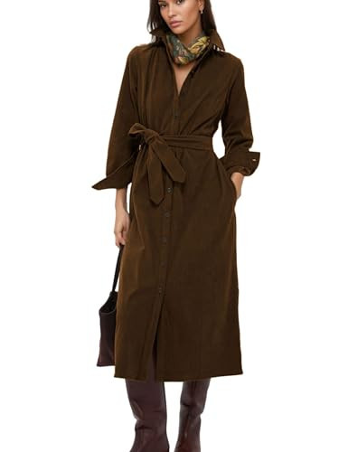 MINSURE Womens Fall Winter Corduroy Midi Dress Long Sleeve Collared Button Front Belted Flowy Shirt Dress with Pockets(Brown-L) | Amazon (US)