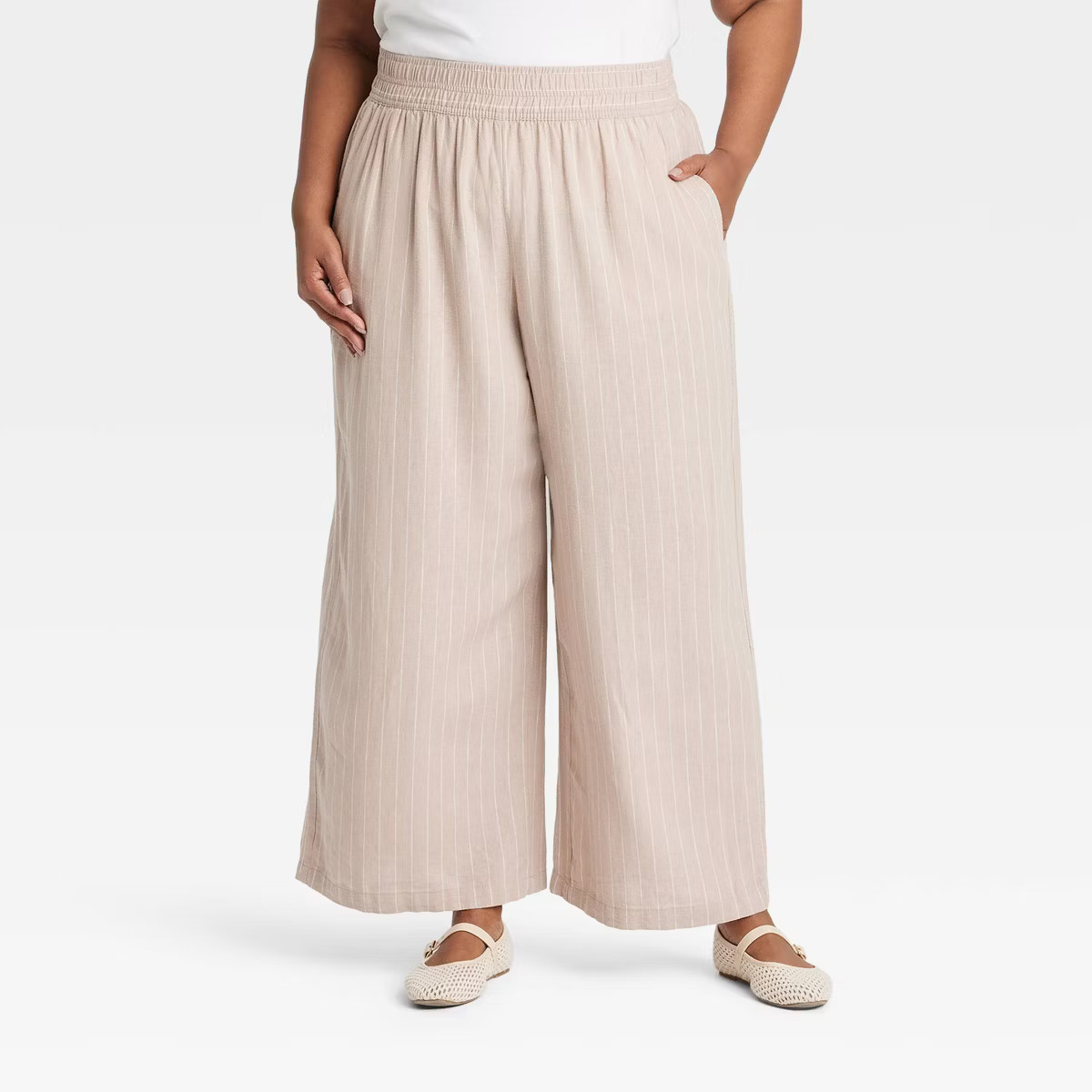 Women's High-Rise Wide Leg Linen Pull-On Pants - Ava & Viv™ Tan Striped 1X | Target