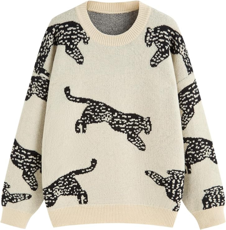 CIDER Womens Leopard Crew Neck Long Sleeve Boho Knit Sweater Casual Pullover Fall Sweater | Amazon (US)