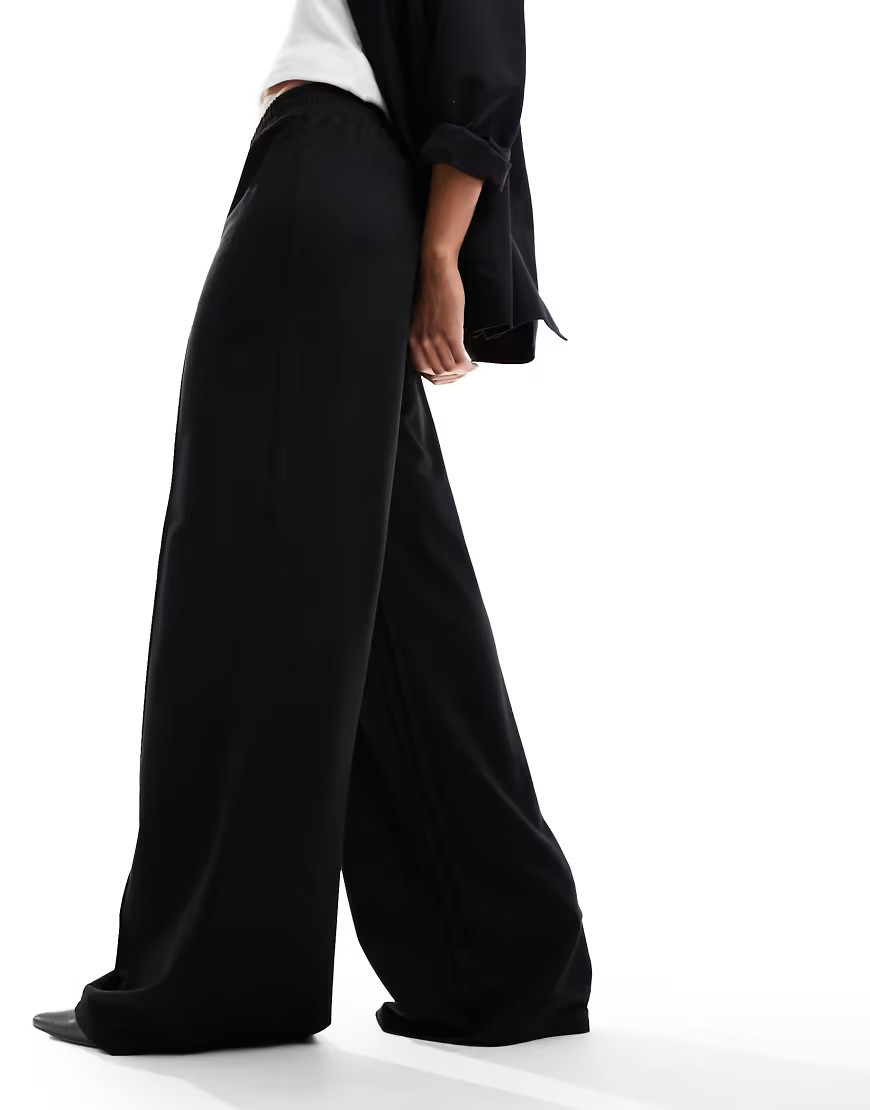 ASOS DESIGN pull on slub wide leg pants in black | ASOS (Global)