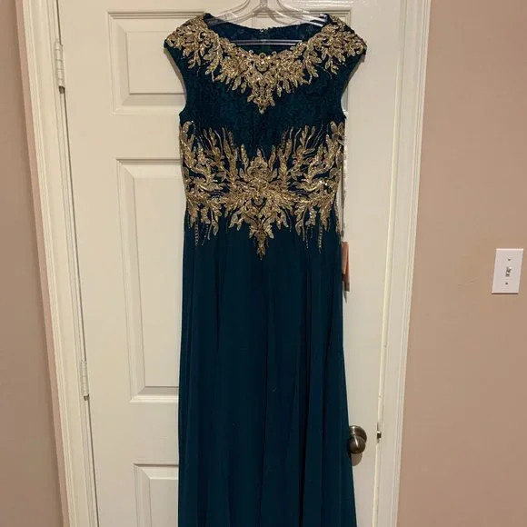 Elizabeth K Lace Embroidered Bateau Chiffon A-line Dress, Size Medium, Teal Colo | Poshmark