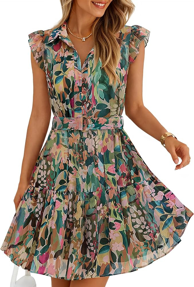 ZESICA Womens Summer Boho Floral Mini Dress 2026 Flutter Short Sleeve Button Chiffon A Line Beach... | Amazon (US)