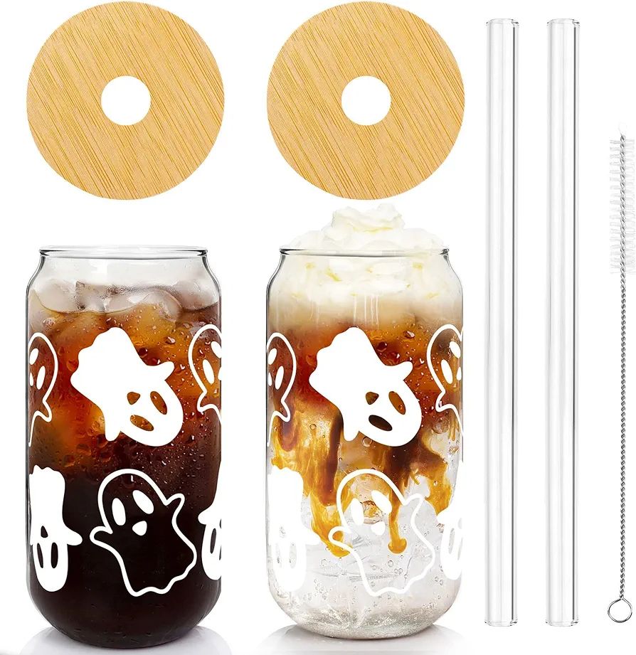 ANOTION Halloween Coffee Cups - 18oz Halloween Glass Cups with Lids and Straws Halloween Decorati... | Amazon (US)