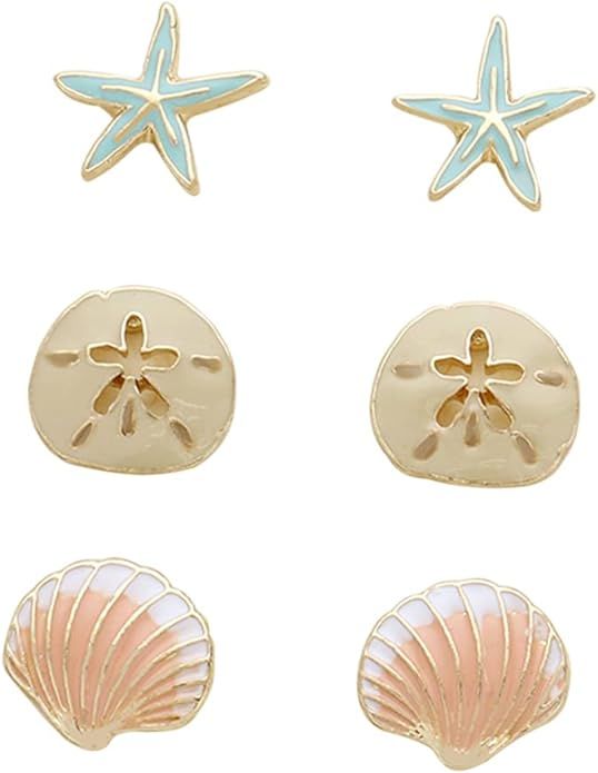 Rosemarie Collections Women's Beach Stud Earrings Set of 3 Starfish Sand Dollar Shell | Amazon (US)