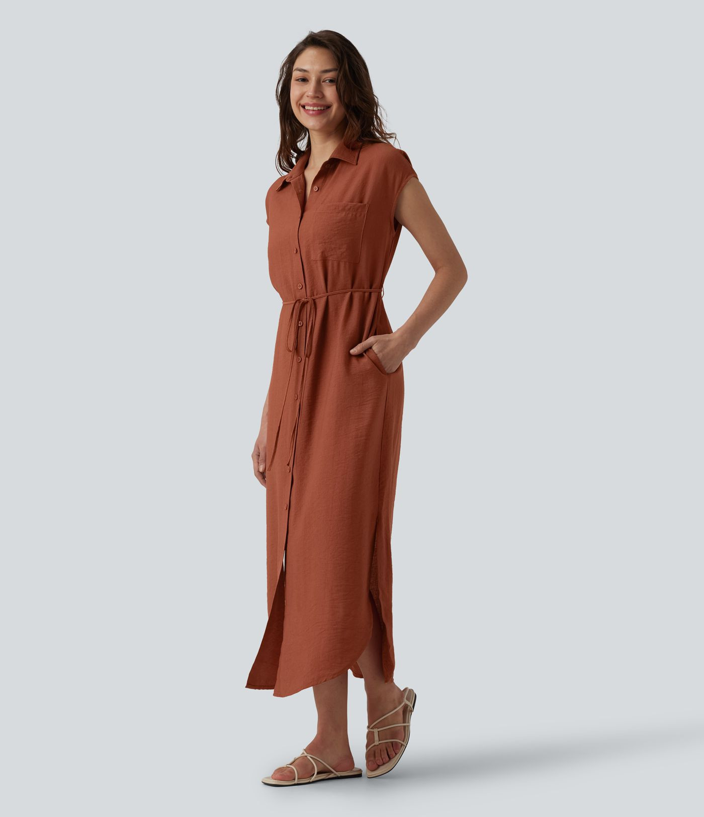 Women\u2019s Collar Cap Sleeve Belted Curved Split Hem Midi Casual Shirt Dress with Pockets - Hal... | HALARA