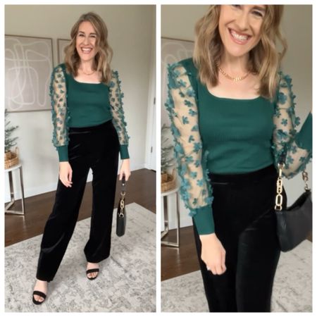 Walmart floral mesh sleeve top and velvet pants, size medium top, size small
Pants // holiday outfit Christmas party look 

#LTKfindsunder50 #LTKstyletip #LTKHoliday