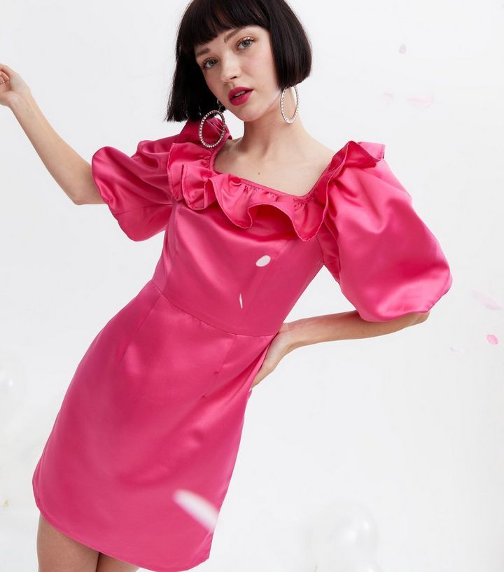 Bright Pink Satin Frill Puff Sleeve Mini Dress
						
						Add to Saved Items
						Remove from ... | New Look (UK)