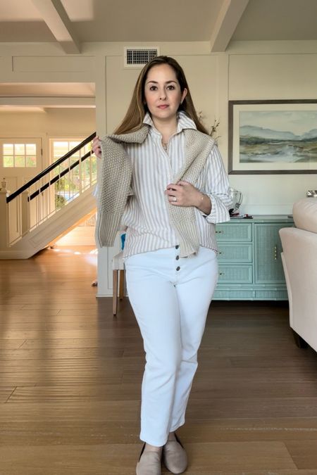 Classic style- white jeans, striped oxford, neutral cotton sweater, and loafers  

#LTKstyletip #LTKfindsunder100 #LTKSeasonal