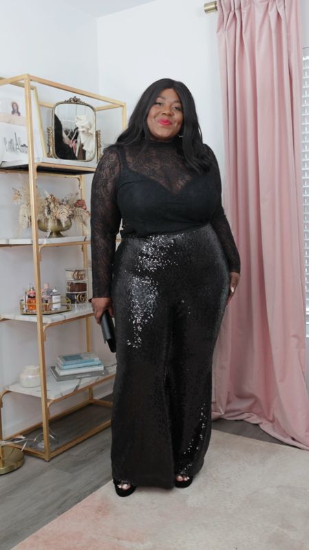 All Black Outfit for Sparkle Season featuring lace top and sequin flare pants wearing a 2X in both pieces. 

#LTKcurves #LTKSeasonal #LTKunder100