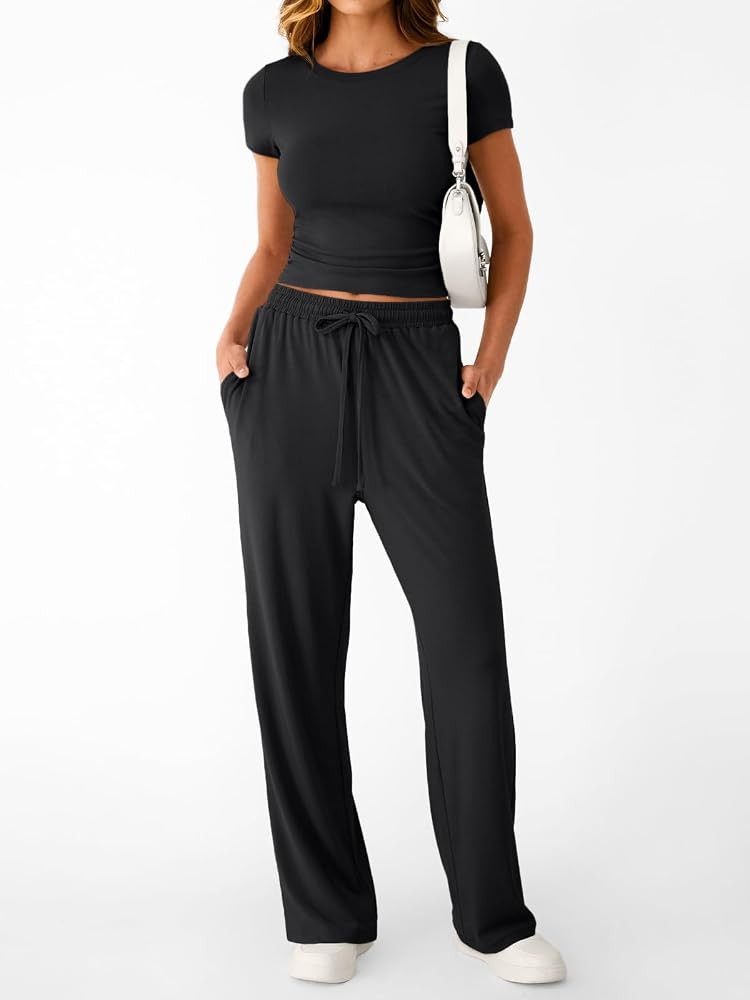 LILLUSORY 2 Piece Lounge Wear Sets for Women UK Summer Cap Sleeve T Shirts Wide Leg Tracksuits Ca... | Amazon (UK)