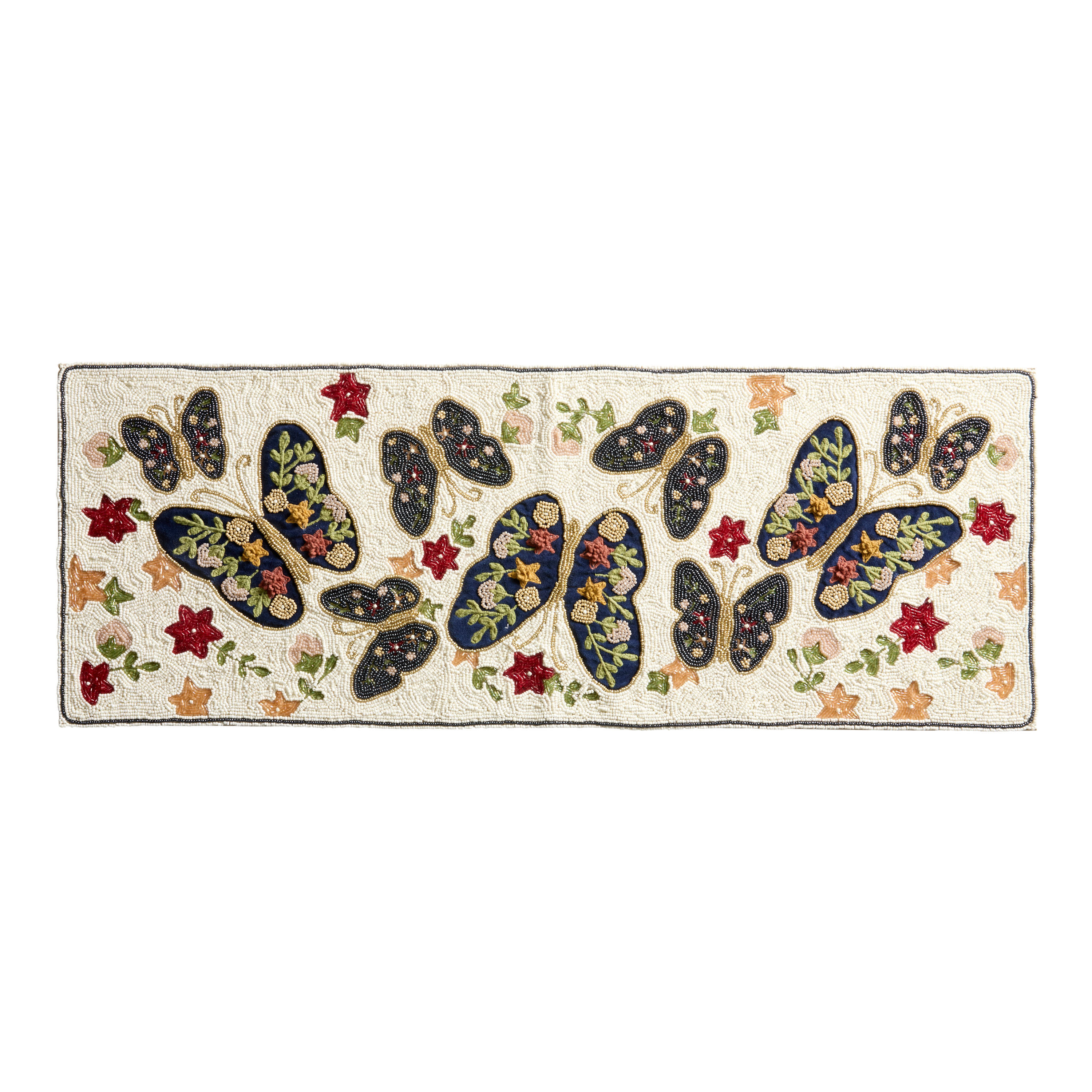 Ivory Multicolor Butterfly and Floral Beaded Table Runner | World Market