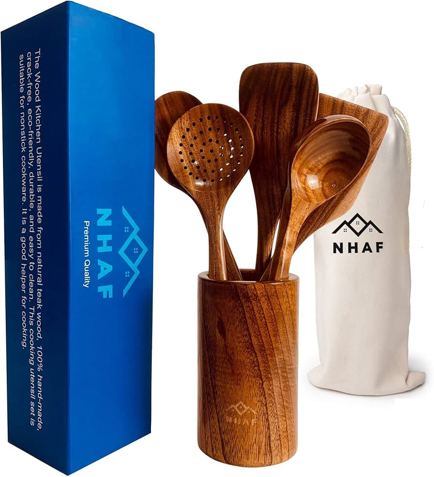 Premium Teak Healthy Spoons, Durable Eco-friendly Spatula, Wooden Utensils Set with Holder & Canv... | Amazon (US)