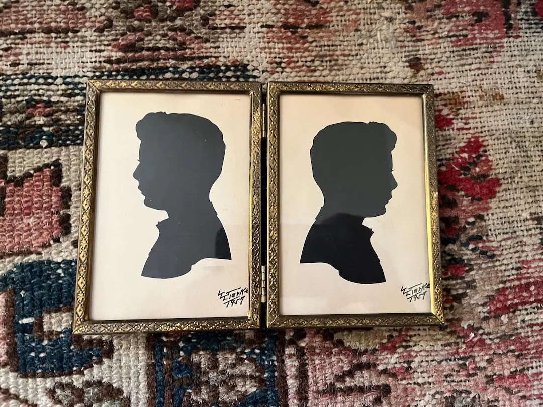 Antique Silhouette Portraits in Folding Brass Frame – Double Framed Paper Cut Art | Etsy (US)