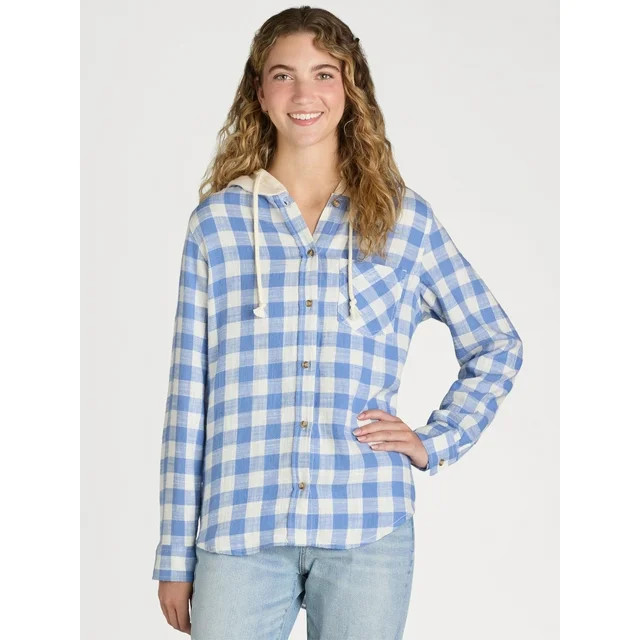 Time and Tru Women's Hooded Flannel Button Down Shirt with Long Sleeves, Sizes XS-XXXL | Walmart (US)