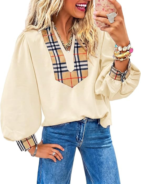 Cicy Bell Womens Puff Long Sleeve Blouse Casual Dressy Plaid V Neck Tops | Amazon (US)