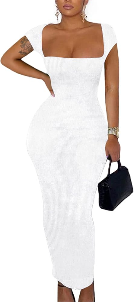 Doweha Women's Square Neck Long Sleeve Maxi Dress Sexy Knit Bodycon Long Dress for Women | Amazon (US)
