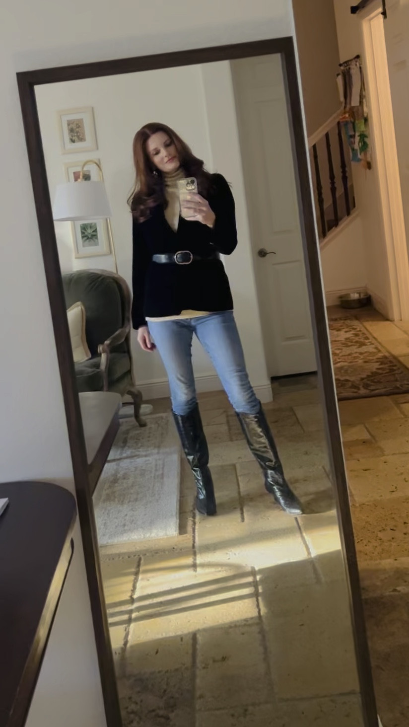 Love this velvet blazer and love it belted! I layered a gold turtle neck light weight sweater from Micheal Stars underneath (it’s super old so a definite testament to the quality of the brand). I love how the sweater perks out at the bottom! Faux crocodile boots finish the look! 

#beltedblazer #blazerandboots 

#LTKshoecrush #LTKover40 #LTKstyletip