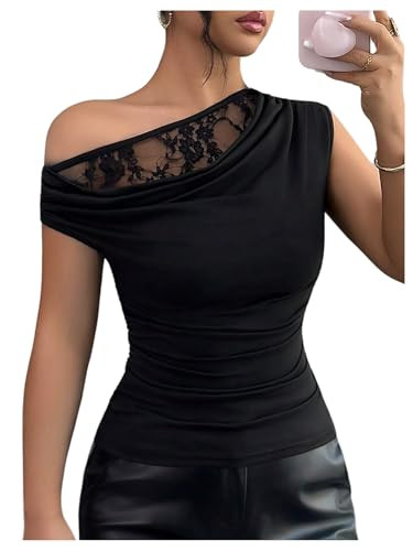 SOLY HUX Women's Y2k Lace Off the Shoulder Tops Asymmetrical Neck Sleeveless Ruched Fitted T Shir... | Amazon (US)
