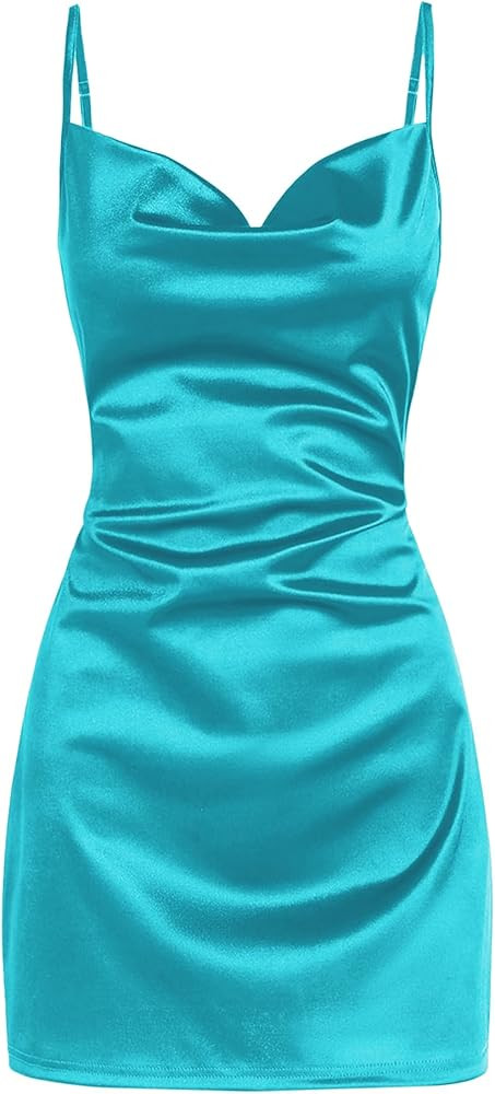 ZAFUL Women's Satin Sleeveless Spaghetti Strap Mini Dress Sexy Slip Cowl Neck Silky Cocktail Part... | Amazon (US)