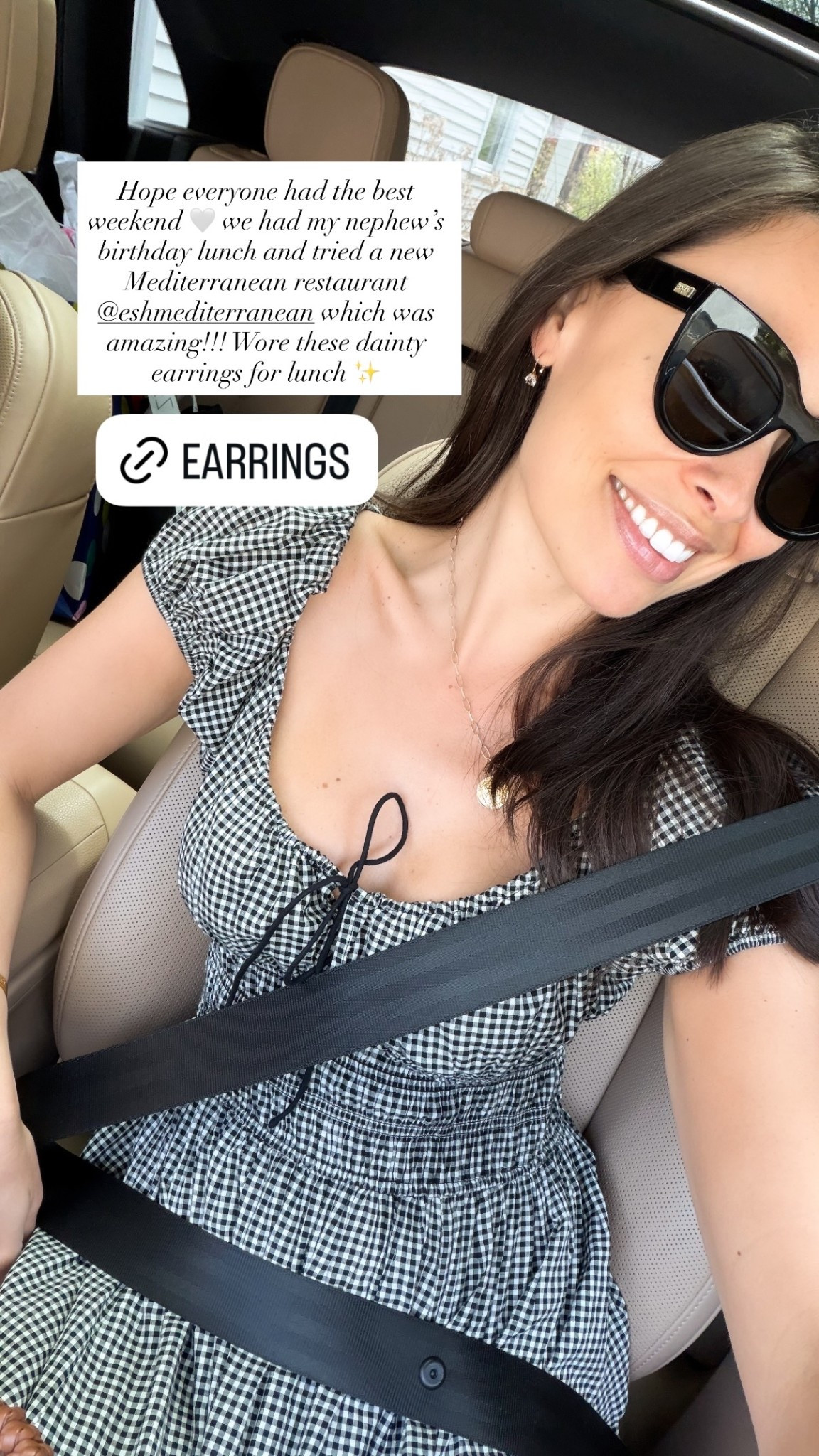 Gingham dress, dainty gold diamond earrings, sunglasses. 

#LTKSeasonal #LTKstorytime #LTKSaleAlert