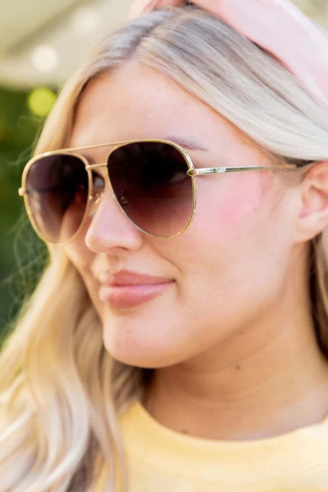 Talk The Talk Gold Frame Brown Aviator Sunglasses | Pink Lily