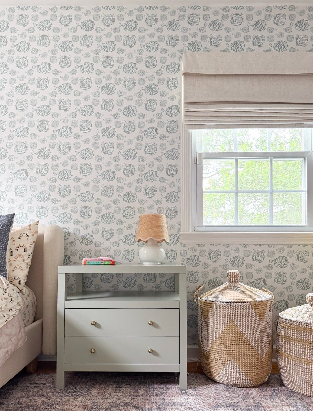 This room is a good example of letting one pattern lead and using the others as supporting details. The blue wallpaper sets the tone, while the rug, bedding and woven baskets add softer layers of pattern and texture.

pattern mixing, blue wallpaper, kids room decor, patterned rug, woven baskets, bedroom decor, wallpaper inspiration, layered patterns, interior styling, Girl on the Hudson

#LTKHome