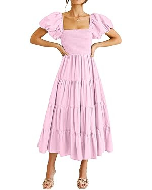 PRETTYGARDEN Women's Casual Summer Midi Dress Puffy Short Sleeve Square Neck Smocked Tiered Ruffl... | Amazon (US)