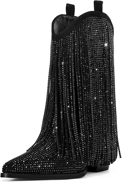 Ouepiano Cowboy Boots for Women - Rhinestone Cowgirl Boots with Glitter Fringe Pointed Toe Wester... | Amazon (US)