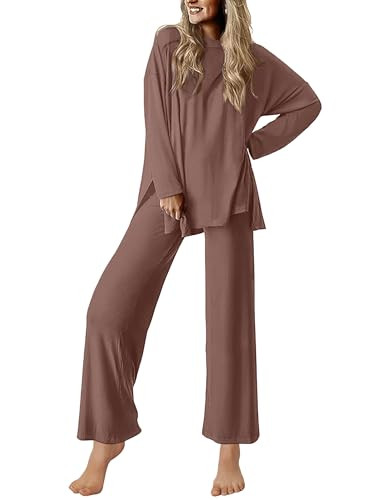 Ekouaer Lounge Sets for Women Long Sleeve Pajamas Fall Loungewear Soft Comfy Pjs Two Piece Travel Outfits Set,Brown,XXL | Amazon (US)