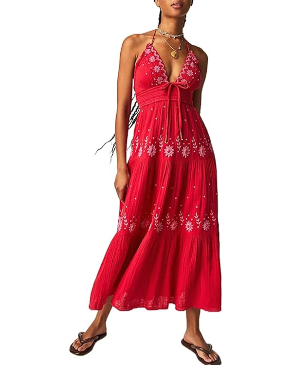 Womens Boho Long Summer Dresses Casual Beach Vacation Sun Dress Spaghetti Strap Flowy Embroidered... | Amazon (US)