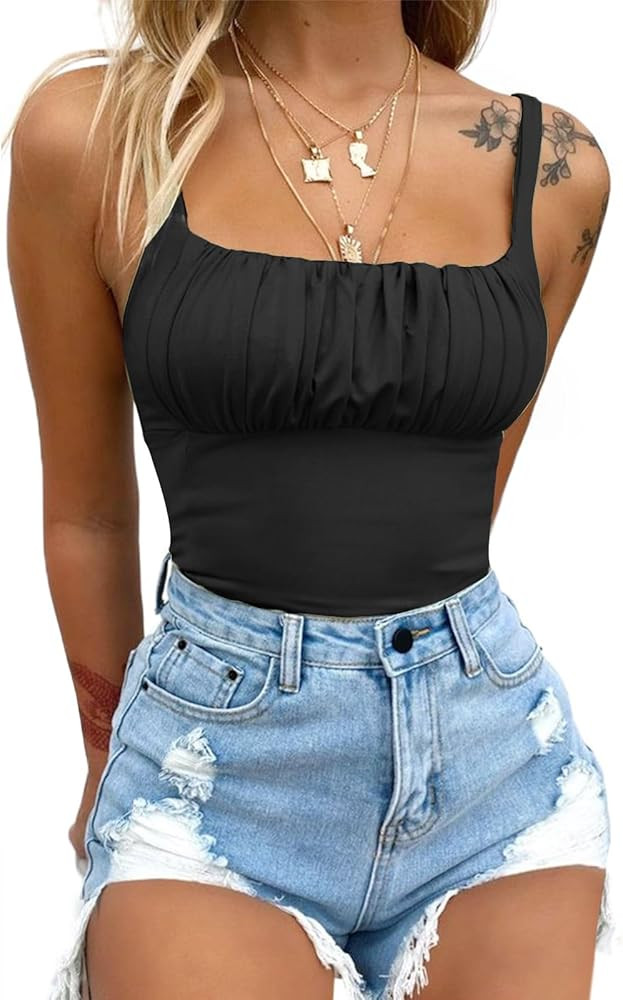 BEJONS Women's Sexy Square Neck Ruched Bodysuit Sleeveless Double Lined Tank Tops | Amazon (US)