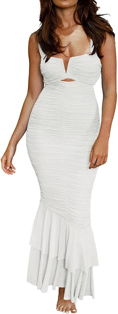 Women Sleeveless Strappy Party Evening Dress V-Neck Cutout Ruched Bodycon Mermaid Fishtail Maxi D... | Amazon (US)