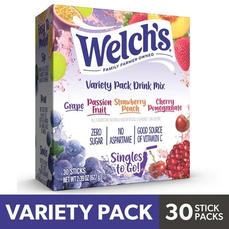 Welch's Zero Sugar Variety Pack Singles to Go Powdered Drink Mix, Grape, Passion Fruit, Strawberry Peach, Cherry Pomegranate, 30 Count Packets | Walmart (US)