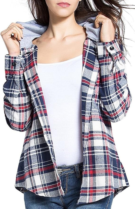 BomDeals Women's Classic Plaid Cotton Hoodie Button-up Flannel Shirts | Amazon (US)