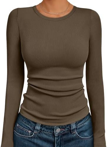 AUTOMET Women's Ribbed Long Sleeve Basic Top - Soft Stretch Crewneck Shirt for Work & Casual | Amazon (US)