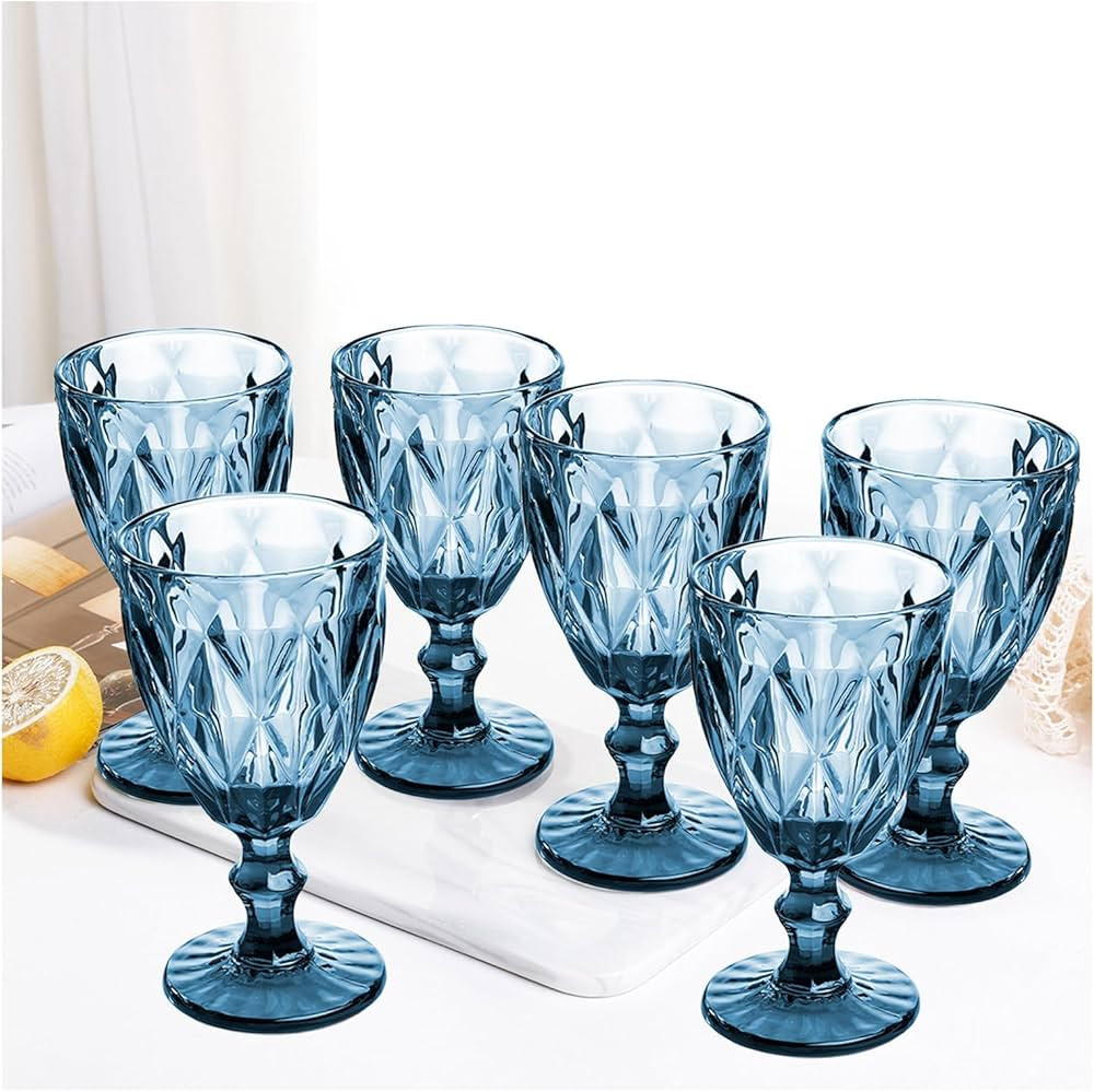 Vintage Wine Glasses Set of 6, Plastic Reusable 12 Ounce Colored Water Goblets, Unique Embossed P... | Amazon (US)