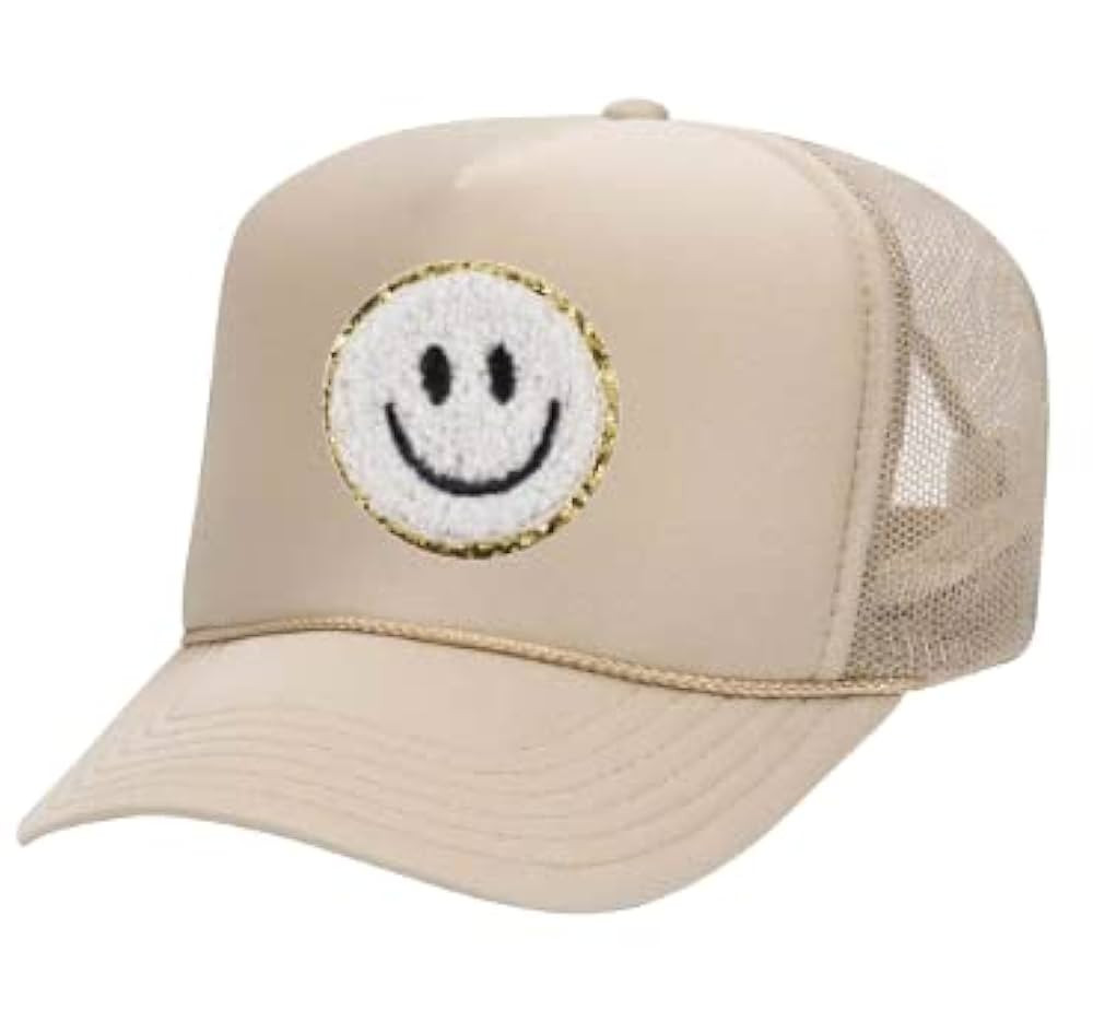 Trucker hat high crown summer spring patch cap baseball smiley face fuzzy chenille glitter trendi... | Amazon (US)